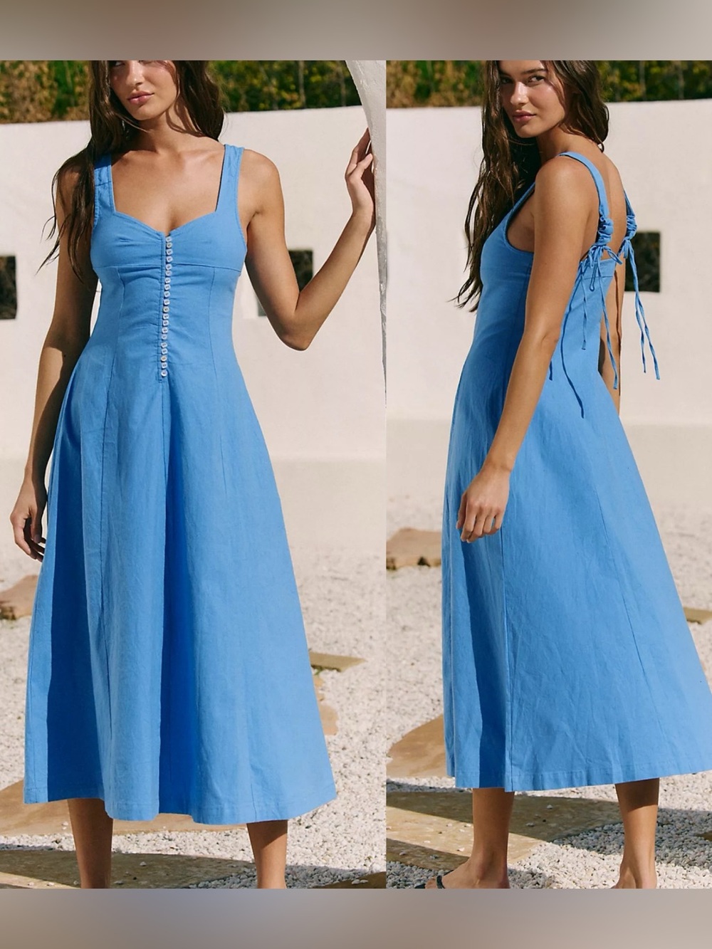 NEW  FREE PEOPLE Holland Stretch Linen Midi Dress Large Blue *see photos*
